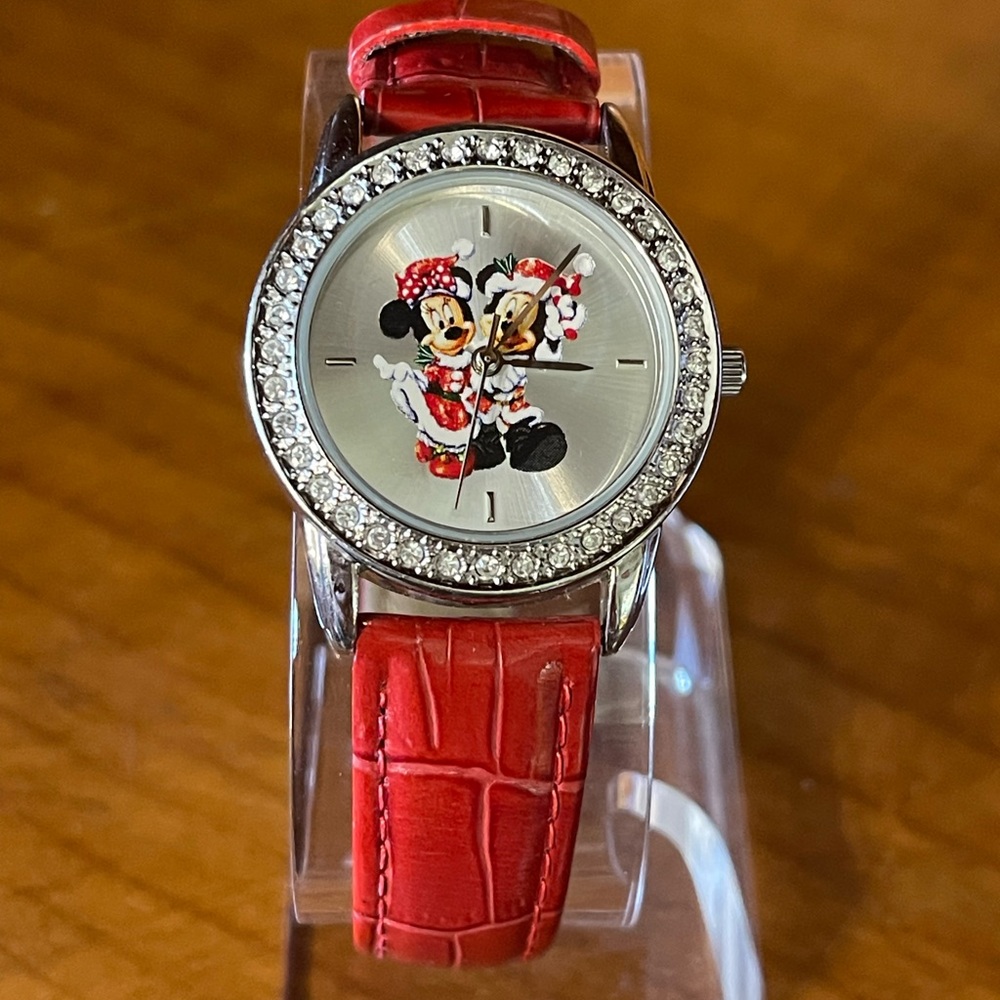 Red Leather Strap Watch with Character Dial Christmas Disney Mickey Minnie